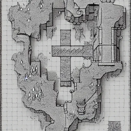 Image similar to D&D dungeon map for a castle, clean, detailed, artistic, very clean lineart, colored, desaturated