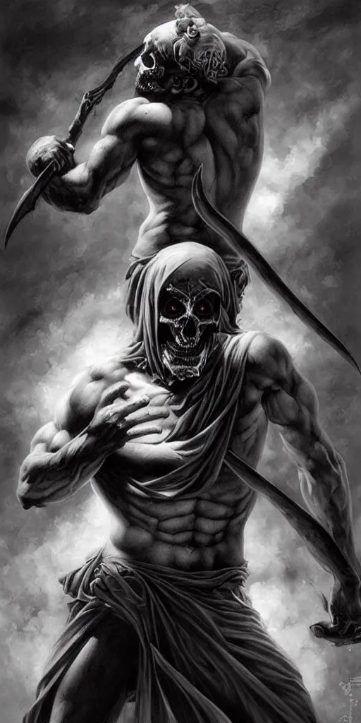 Image similar to Ancient Greek God of Death, dark art, by Artgerm, Frank Frazetta