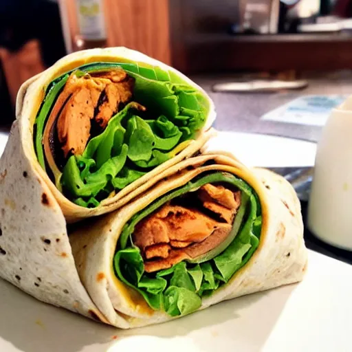 Image similar to a saucy [ chicken wrap ]! served in a tray of a [ fast food ], instagram food, hyperdetailed