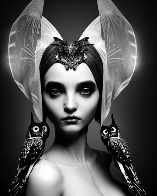 Image similar to surreal mythical dreamy dark artistic black and white fine art 3 / 4 fashion portrait photo of a young beautiful delicate female robot - witch - owl with orchid - doll face, rim light, cinematic, studio dramatic light, poetic, masterpiece, octane render, 8 k, photo - realistic by gustave dore hg giger