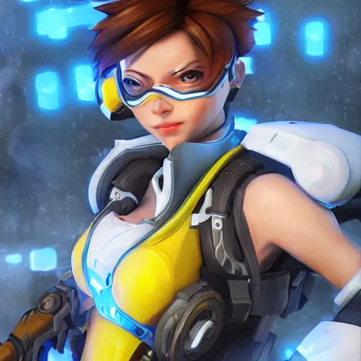 Image similar to portrait of tracer from overwatch, unreal engine 5, trending on art station