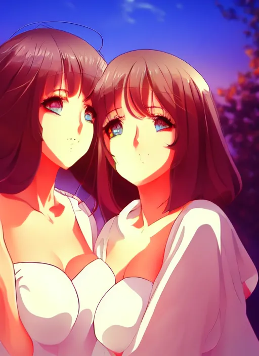 Image similar to two beautiful mothers outside on a hot summer evening, gorgeous faces, thick lines, cinematic lighting, detailed anime art