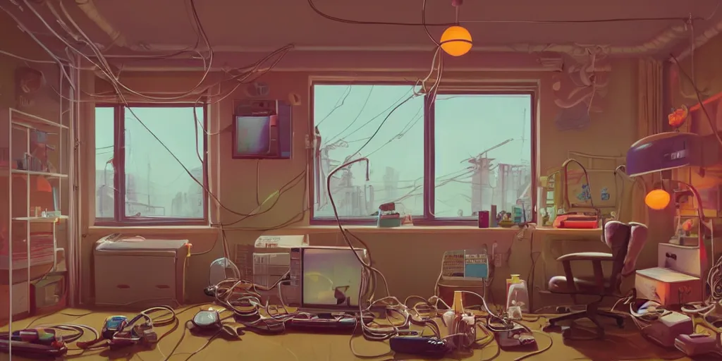 Image similar to cozy 9 0 s bedroom retrofuturism, cluttered, wires everywhere, computer, window, detailed by simon stalenhag