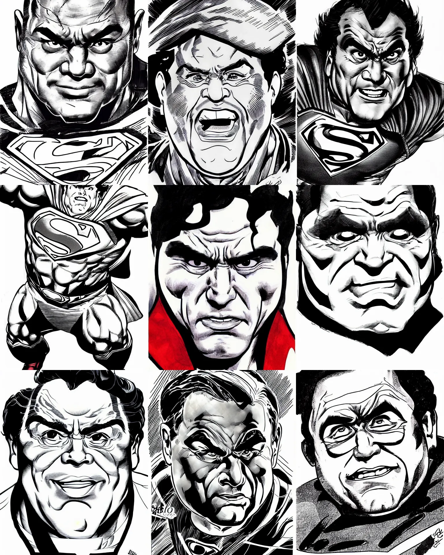 Prompt: danny devito!!! jim lee!!! flat ink sketch by jim lee face close up headshot superman costume in the style of jim lee, x - men superhero comic book character by jim lee