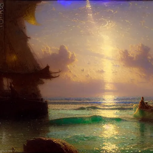 Prompt: point of view of botom of the ocean looking up, see fishes, the milk way, night time, midnight, no sunlight. highly detailed painting by gaston bussiere, greg rutkowski 8 k