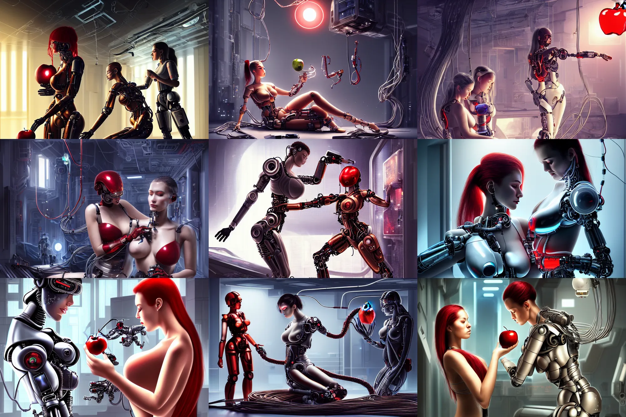 Prompt: Ultra realistic illustration, incredibly beautiful and alluring female cyborg goddess handing a broken alluring cyborg a shiny red apple, while repairing a beautiful female android, in a destroyed futuristic super advanced military medical bay with cables hanging from ceiling, cables on floor, beautiful face, voluptuous body, beautiful alluring science observing, cyberpunk, sci-fi, dapped light, large draped cloth, tissue ornament, fantasy, intricate, elegant, highly detailed, digital painting, artstation, concept art, smooth, sharp focus, illustration, dramatic lighting, art by artgerm and greg rutkowski and alphonse mucha