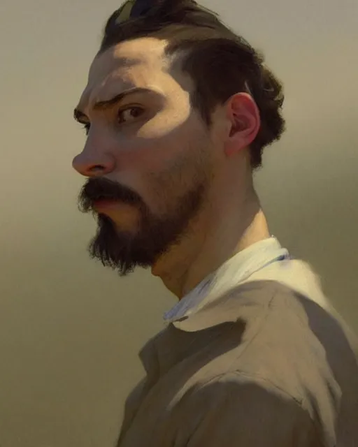 Image similar to a bald nonbinary moustachioed it specialist at work. fantasy art by greg rutkowski, gustave courbet, rosa bonheur, edward hopper. faithfully depicted facial expression, perfect anatomy, sharp focus, global illumination, radiant light, detailed and intricate environment, trending on artstation