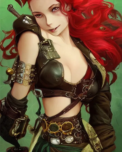 Image similar to a beautiful close up portrait 2D illustration of a young female steampunk pirate wearing leather armor on gold and red trimmings on green, by Charlie Bowater, tom bagshaw, Artgerm and Lois Van Baarle, beautiful anime face, very cool pose, pirate ship with an epic sky background, slightly smiling, cinematic anime lighting and composition, fantasy painting, very detailed, ornate, trending on artstation and pinterest, deviantart, google images