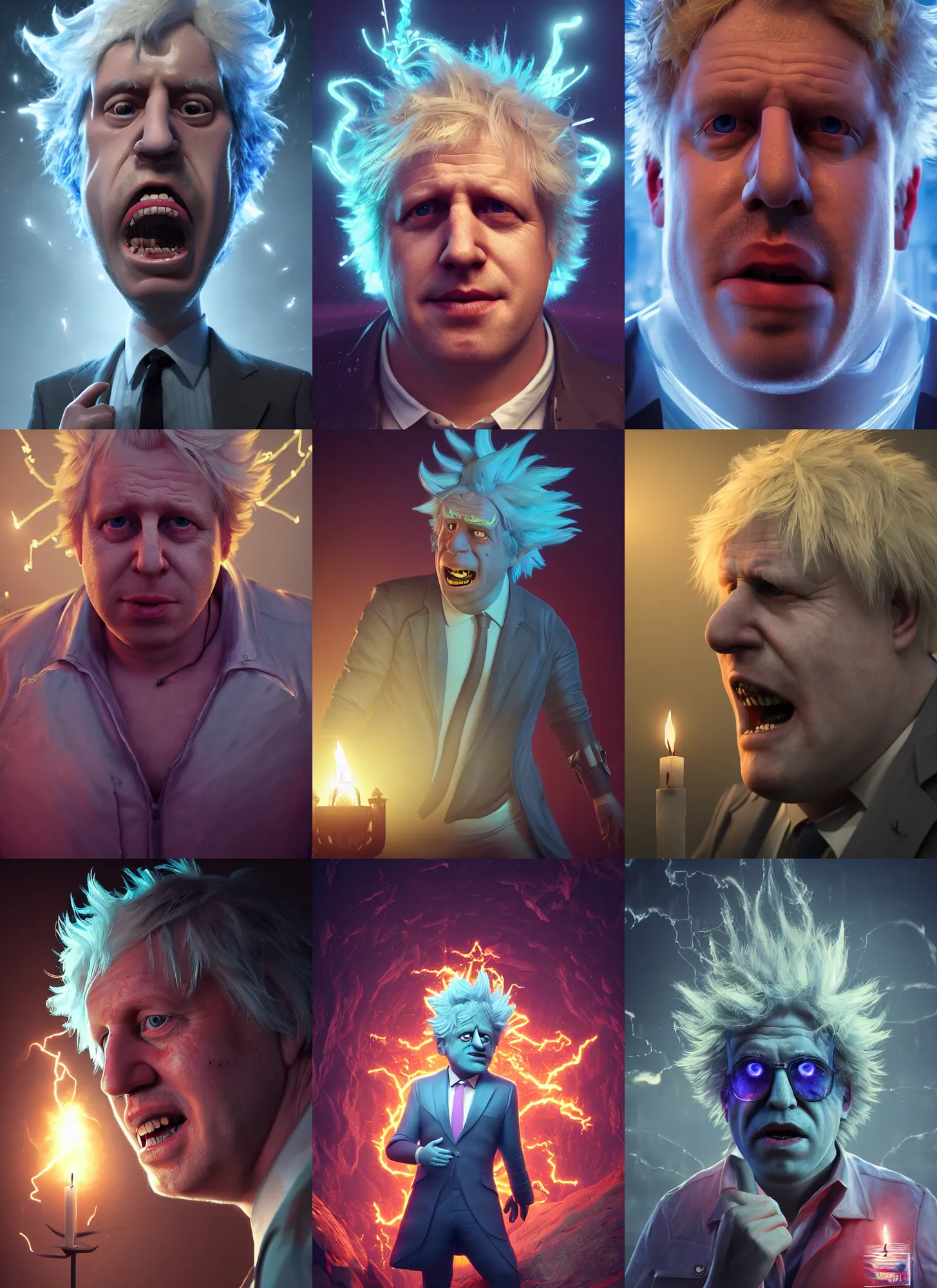 Prompt: portrait of boris johnson as rick sanchez, lightning, intricate detail, volumetric lighting, epic composition, hyper detailed, ultra realistic, sharp focus, octane render, candle, volumetric, ray tracing, artstation trending, cgsociety, sense of awe, swirling mist, 4 k