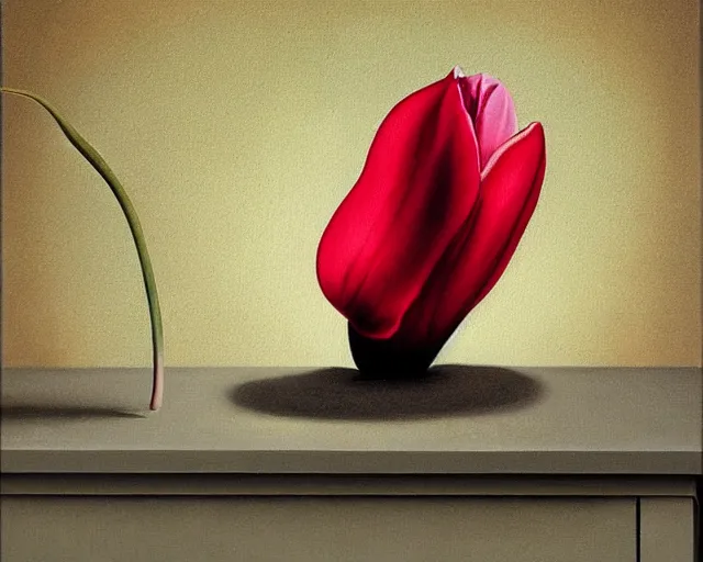 Prompt: rule of thirds inside the tulip on a table, an ultrafine detailed painting by rafal olbinski, behance contest winner, pop surrealism, detailed painting, very detailed, minimalist, skeuomorphic, airbrush art