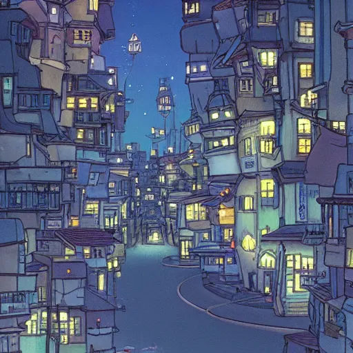 Image similar to a city at night, 4 k, studio ghibli