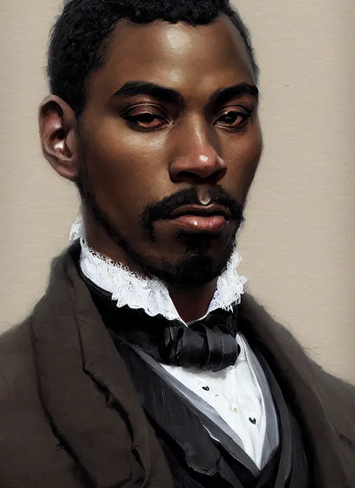 Image similar to 3 / 4 view of a portrait of a black man in victorian clothing, confident pose, intricate, elegant, sharp focus, illustration, highly detailed, concept art, matte, trending on artstation, anime, art by james jean and artgerm and brian despain and alberto mielgo, greg rutkowski, wlop, ilya kuvshinov, strong strokes