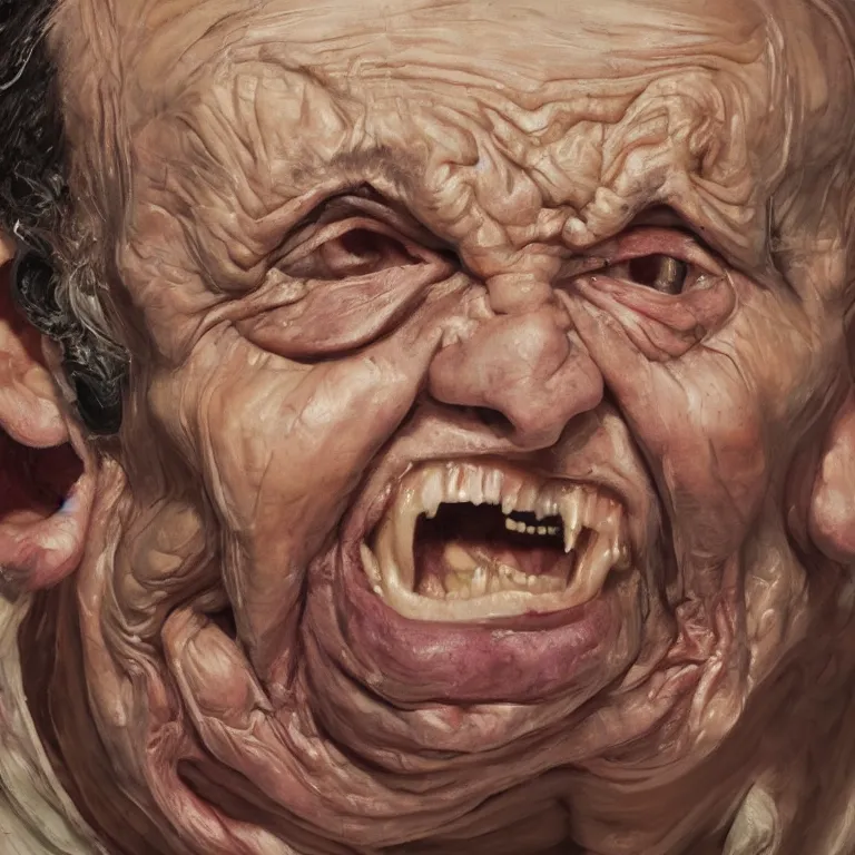 Prompt: warmly lit close up studio portrait of aging angry!! screaming! old Elaine Benes age 115 wrinkled furious!, impasto oil painting thick brushstrokes by Lucian Freud and Cy Twombly and Tim Hawkinson , trending on artstation dramatic lighting Expressionism