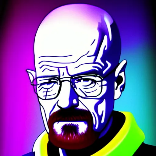 Prompt: Walter White portrait high quality photograph 4k Breaking Bad Bryan Cranston Walter White, retrofuturistic cyberpunk robot Walter White metallic Heisenberg colorful neon lights