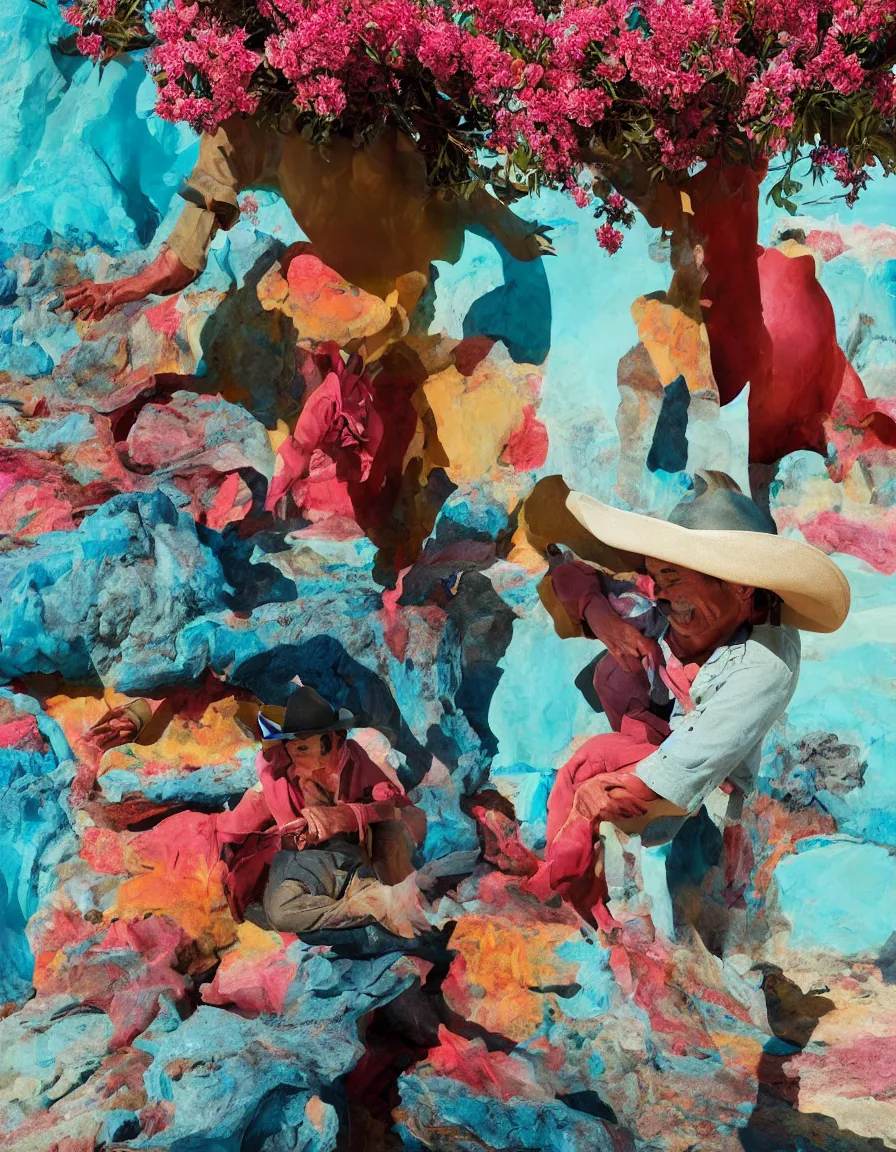 Image similar to a cowboy turning into blooms by slim aarons, by zhang kechun, by lynda benglis. tropical sea slugs, angular sharp tractor tires. complementary bold colors. warm soft volumetric dramatic light. national geographic. 8 k, rendered in octane, smooth gradients. angular sculpture by michelangelo.