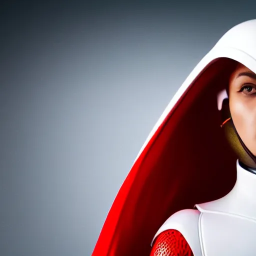 Image similar to headshot of an beautiful female soldier in glossy sleek white armor with tiny red details and a long red cape, downward angle, determined expression, on the surface of mars, night time, dramatic lighting, cinematic, sci-fi, hyperrealistic