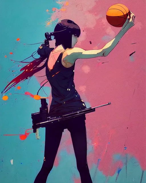 Image similar to a ultradetailed beautiful panting of a womanshooting a free throw, by conrad roset, greg rutkowski and makoto shinkai, trending on artstation