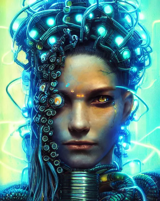 Prompt: a cyberpunk extreme close up portrait of cyborg medusa, electricity, snakes in hair, sparks, bokeh, soft focus, skin tones, warm, blue, sunny sky, by paul lehr, jesper ejsing