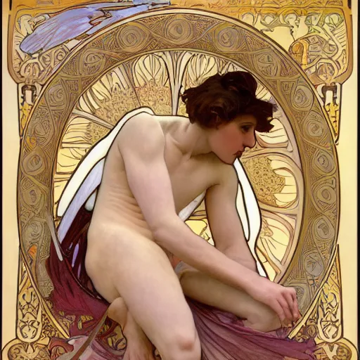 Image similar to ultra realistic illustration of fifteen year old winged boy angel, full body, male body, elegant study, art nouveau poster by alphonse mucha