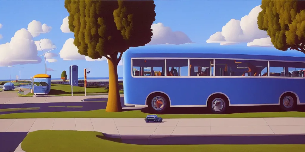 Image similar to a gigantic crab attacks a bus, blue sky, summer evening, kenton nelson