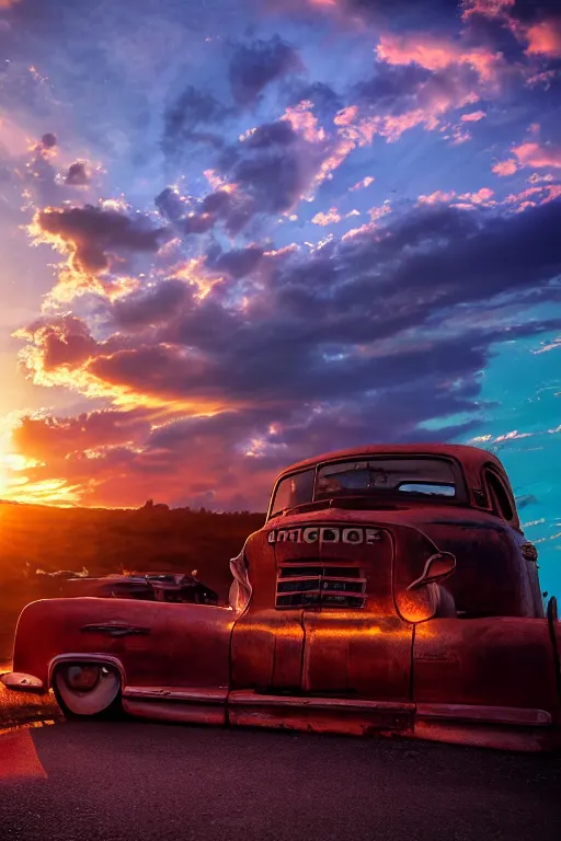 Image similar to a sunset light landscape with historical route 6 6, lots of sparkling details and sun ray ’ s, blinding backlight, smoke, volumetric lighting, colorful, octane, 3 5 mm, abandoned gas station, old rusty pickup - truck, beautiful epic colored reflections, very colorful heavenly, softlight