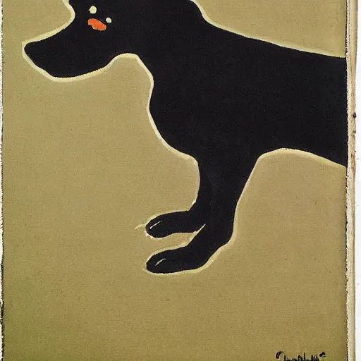 Image similar to a small black dog drinking beer by charles e. burchfield