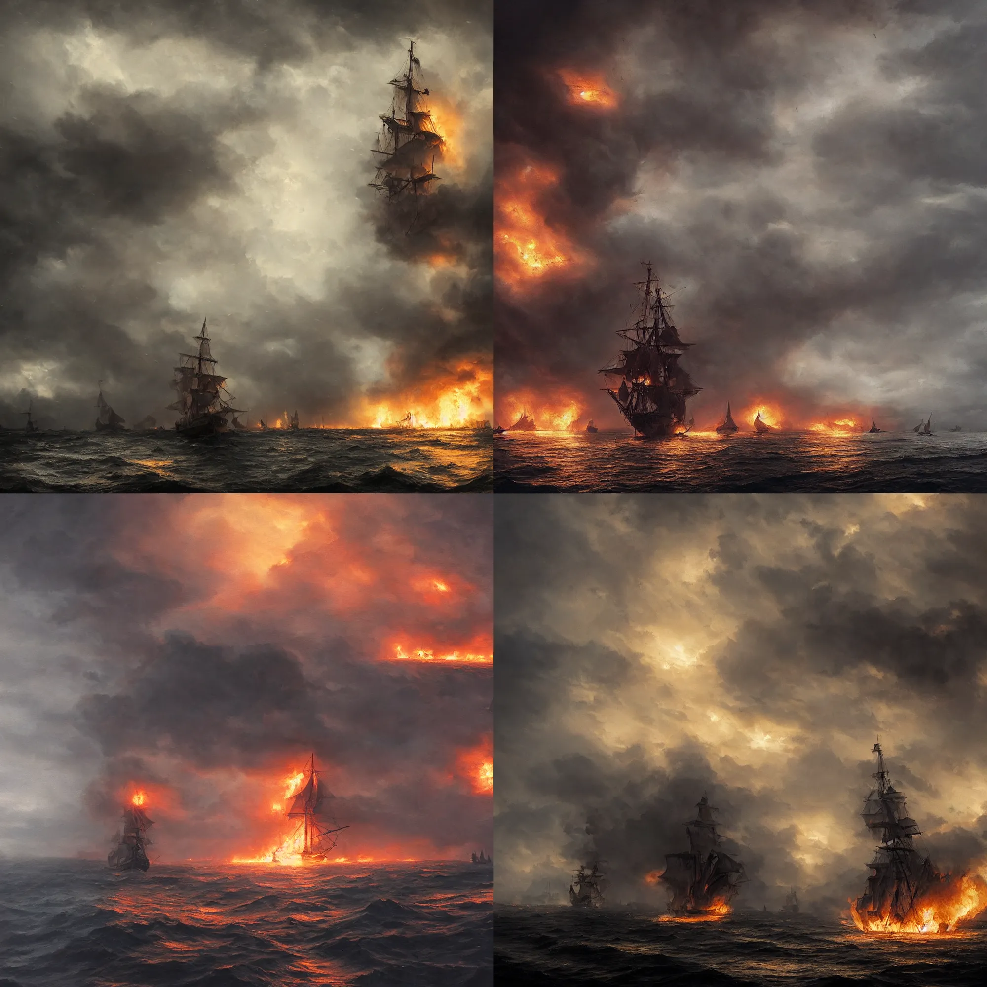 Prompt: old sail ship on fire in big dark storm, epic composition, 8 k, by greg rutkowski, beautiful cinematic light