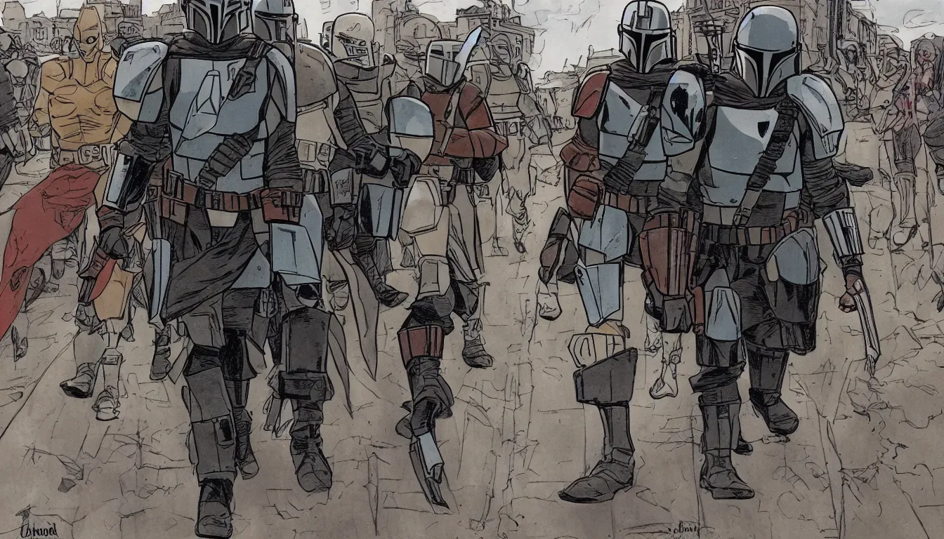 Image similar to single mandalorian walking through the empty streets of england, in style of jim lee