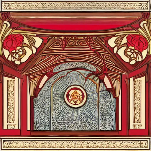 Prompt: symmetrical mural painting from the early 1 9 0 0 s in the style of art nouveau, red curtains, art nouveau design elements, art nouveau ornament, scrolls, flowers, flower petals, rose, opera house architectural elements, mucha, masonic symbols, masonic lodge, joseph maria olbrich, simple, iconic, graphic, masonic art, masterpiece