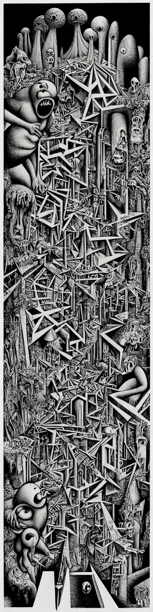 Prompt: amanita sasquatch, graffiti monster, brutalism, cubism, basil wolverton, r crumb, hr giger, disney, mc escher, dali, picasso