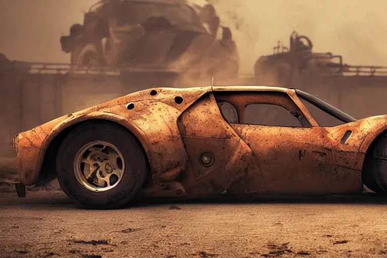 Image similar to rusty hypercar in mad max, painted by hector garrido and derek riggs, trending on artstation, volumetric lighting rear view profile picture, daguerreotype, still life, figurativism, socialist realism