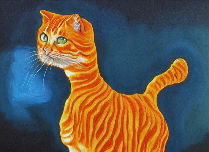 Image similar to detailed realistic realism painting of lasagna that looks like an orange tabby cat, at dusk, in the style of vincent van gogh and salvador dali and leonardo da vinci
