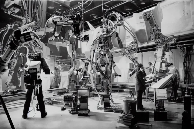 Image similar to a futuristic film studio with robot technicians preparing a scene with frightened human beings by Stanley kubrick, sci-fi, color vibe, reimagined by industrial light and magic