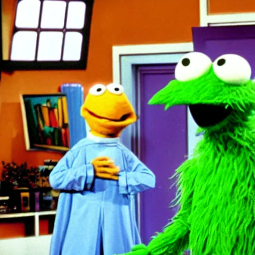 Image similar to Dr Manhattan on sesame Street laughing with big bird, cartoon