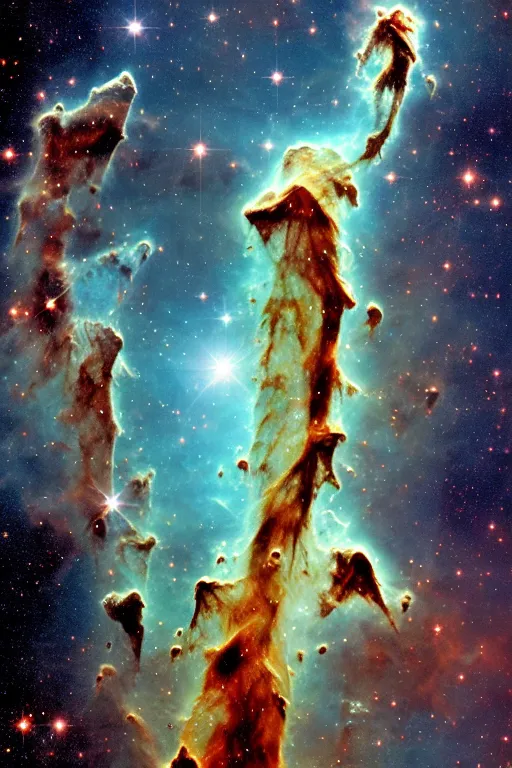 Prompt: Pillars of Creation. elephant trunks of interstellar gas and dust in the Eagle Nebula in the Serpens constellation. HR Giger, oil on canvas. Hubble Space Telescope. Stars. NASA. Milky Way Galaxy. detailed. high resolution.