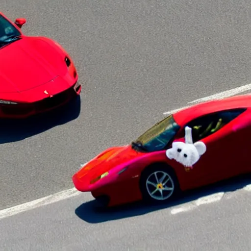 Prompt: a caveman driving a red ferrari is being chased by donald trump driving a police car