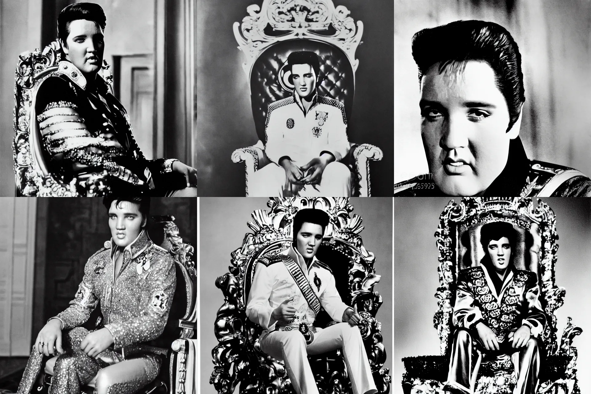 Prompt: photograph of elvis as king of the world, sitting on his throne in his castle, reflective eyes, highly detailed, sharp, in focus