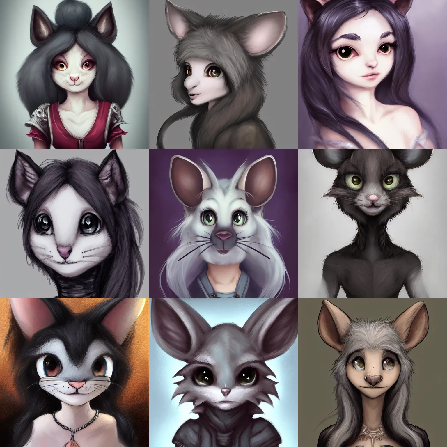 Prompt: 3/4 headshot of young female furry, D&D, cute, fantasy, intricate, long hair, grey skin, mouse face, mouse nose, mouse head, mouse ears, black hair, elegant, highly detailed, digital painting, artstation, concept art, smooth, sharp focus, illustration, art by Diives