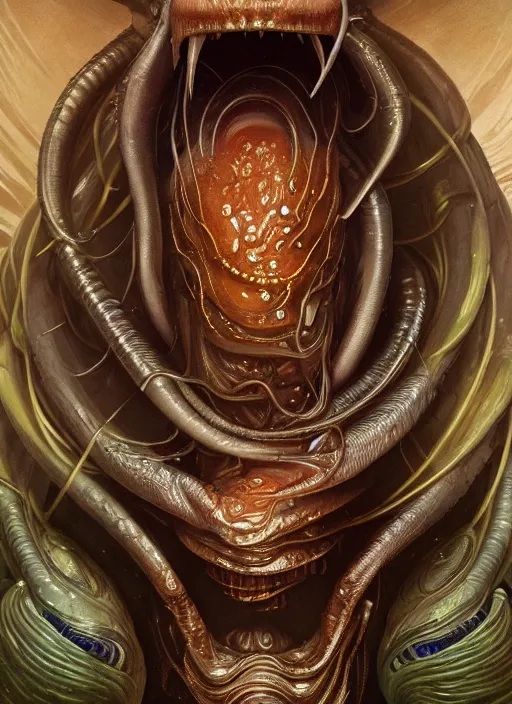 Image similar to elon musk as mollusk, slime, drool, portrait, intricate, elegant, highly detailed, digital painting, artstation, concept art, wallpaper, smooth, sharp focus, illustration, art by h. r. giger and artgerm and greg rutkowski and alphonse mucha