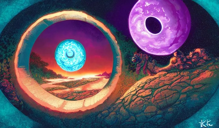 Prompt: Keyhole, Ultima Moongate, Wonderland Portal, mixed media, digitally painted by Tim Doyle, Kilian Eng and Thomas Kinkade, centered, uncropped