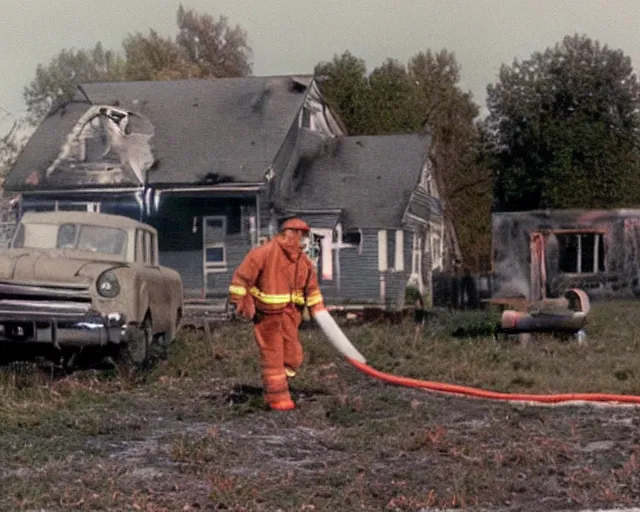 Image similar to a movie still from 'A Goose Set my House on Fire', 40mm tape, technicolour film, goose in foreground!!!!, housefire, letterboxing, widescreen