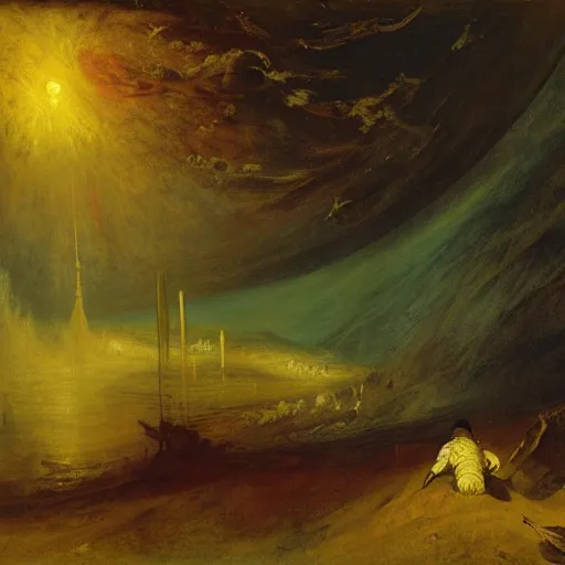 Prompt: a space expedition by william turner, by theodore gericault, by caspar david friedrich, oil painting, romantism, realism, limited palette