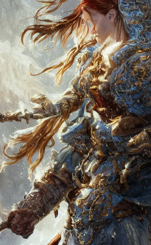 Image similar to azure viking warrior, regal, elegant, winter, snow, beautiful, stunning, hd, illustration, epic, d & d, fantasy, intricate, elegant, highly detailed, wide angle, digital painting, artstation, concept art, smooth, sharp focus, illustration, wallpaper, art by artgerm and greg rutkowski and alphonse mucha and jin xiaodi