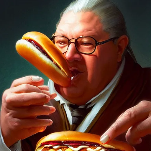 Prompt: William Penn eating Hot Dogs, dripping BBQ Sauce, serving big macs, D&D, spilling ketchup, fantasy, intricate, elegant, highly detailed, digital painting, artstation, concept art, matte, sharp focus, illustration, hearthstone, art by Artgerm and Greg Rutkowski and Alphonse Mucha