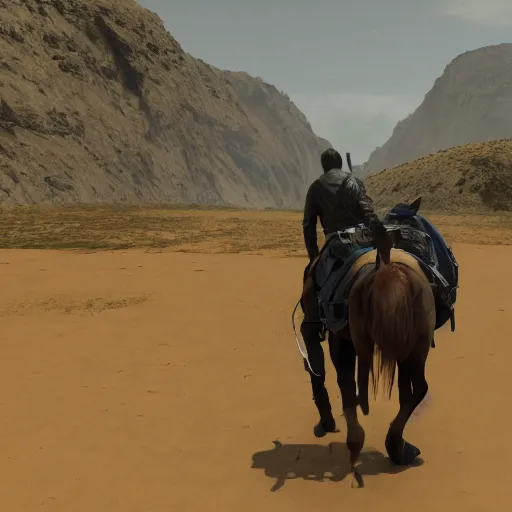 Image similar to death stranding game, a man walks on the ground, carries a horse on his back, walks hard, heavy load, heavy horse, a horse in the air, a horse riding an astronaut, games lag, lag in the game, unreal engine 5, artstationhd, 4 k, 8 k, 3 d render, 3 d houdini, cinema 4 d, octane,