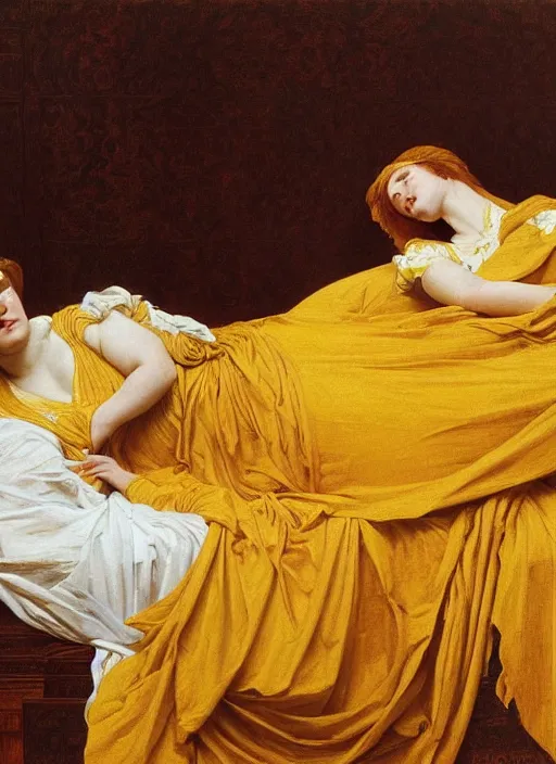 Image similar to masterpiece hybrid portrait of hybrid of sarah siddons and lisa minelli, reclining on bed, flowing cloth floating in the wind, wearing yellow ochre ornate medieval dress, vertical, foreshortening, colour photography by frederic leighton, william morris, 8 k