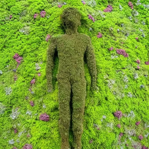 Prompt: a human figure made of moss and flowers