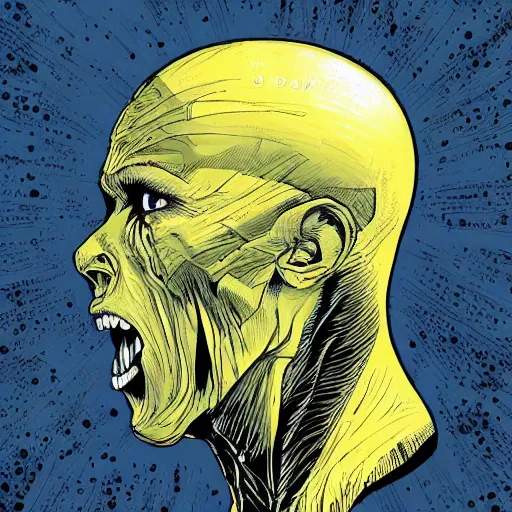 Prompt: by laurie greasley energetic. a beautiful painting of a giant head. the head is bald & has a big nose. the eyes are wide open & have a crazy look. the mouth is open & has sharp teeth. the neck is long & thin.