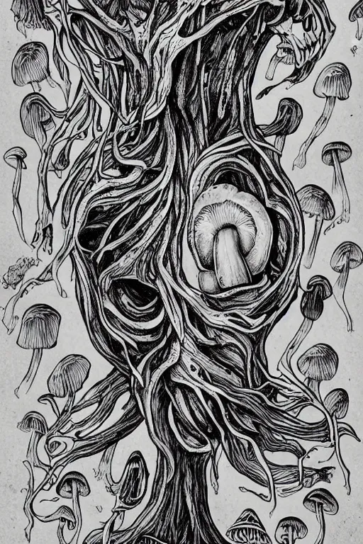 Image similar to black and white illustration, creative design, body horror, mushroom monster