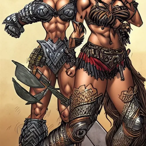 Prompt: Amazon warrior with a six-pack and heavy armor, drawn by J. Scott Campbell